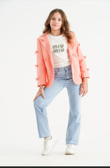 Fabric blazer with a miu T-shirt and jeans
